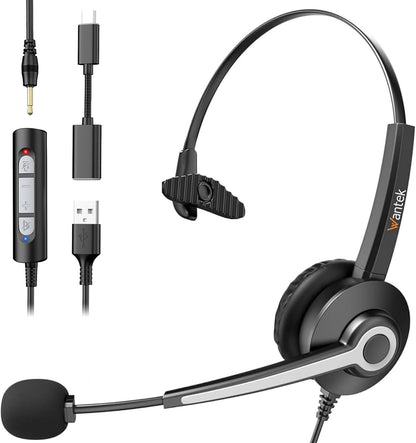 Wantek USB Headset with Microphone for PC, On-Ear Headphones - Computer Laptop Wired Headset with Mic Noise Cancellation & Volume Control for Work Home Office Online Classroom Zoom Skype