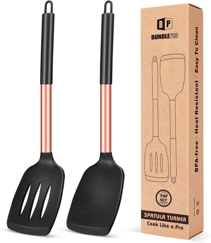 Pack of 2 Silicone Slotted Spatula,Non Stick Solid Kitchen Turner, High Heat Resistant BPA Free Cooking Utensils for Fish, Eggs, Pancakes（Black