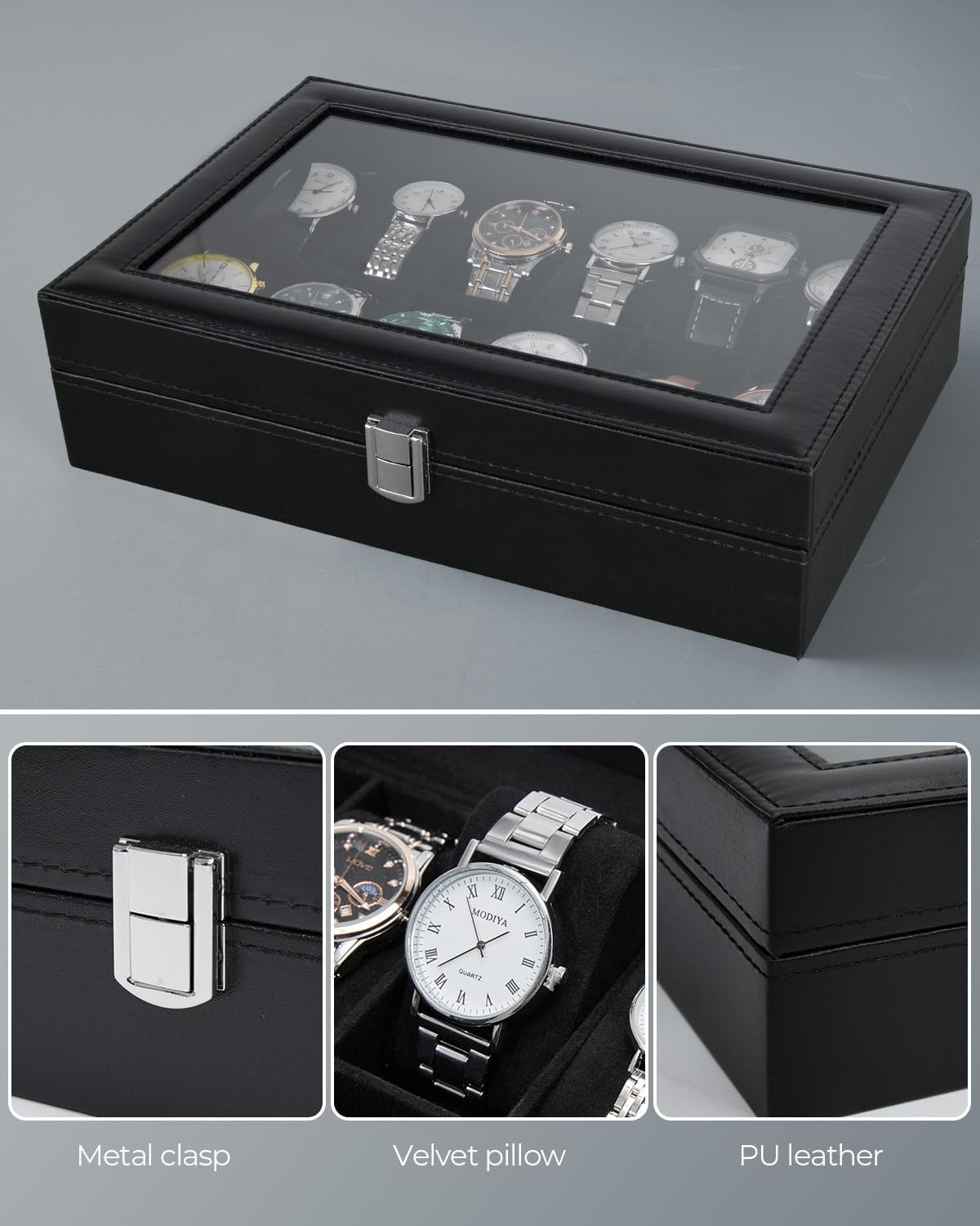 Ohuhu Watch Box Organizer for Men -12 Slot Leather Watch Case with Real Glass Lid Watch Display Case, Watch Organizer Jewelry Storage Box