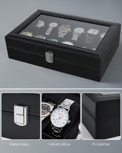 Ohuhu Watch Box Organizer for Men -12 Slot Leather Watch Case with Real Glass Lid Watch Display Case, Watch Organizer Jewelry Storage Box