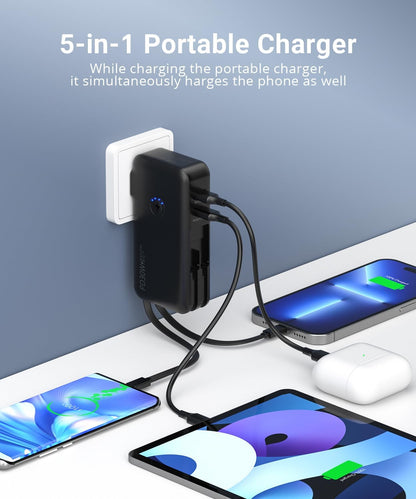 Portable Charger Power Bank 16000mAh Power Bank Built-in AC Wall Plug and Cables, PD 30W and QC4.0 Fast Charger for Most Electronic Devices (White)