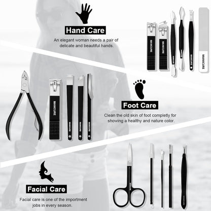 Manicure Set Professional Nail Clippers Pedicure Kit, 16 pcs Stainless Steel Nail Care Tools Grooming Kit with Luxurious Travel Leather Case for Thick Nails Men Women Gift (Black)