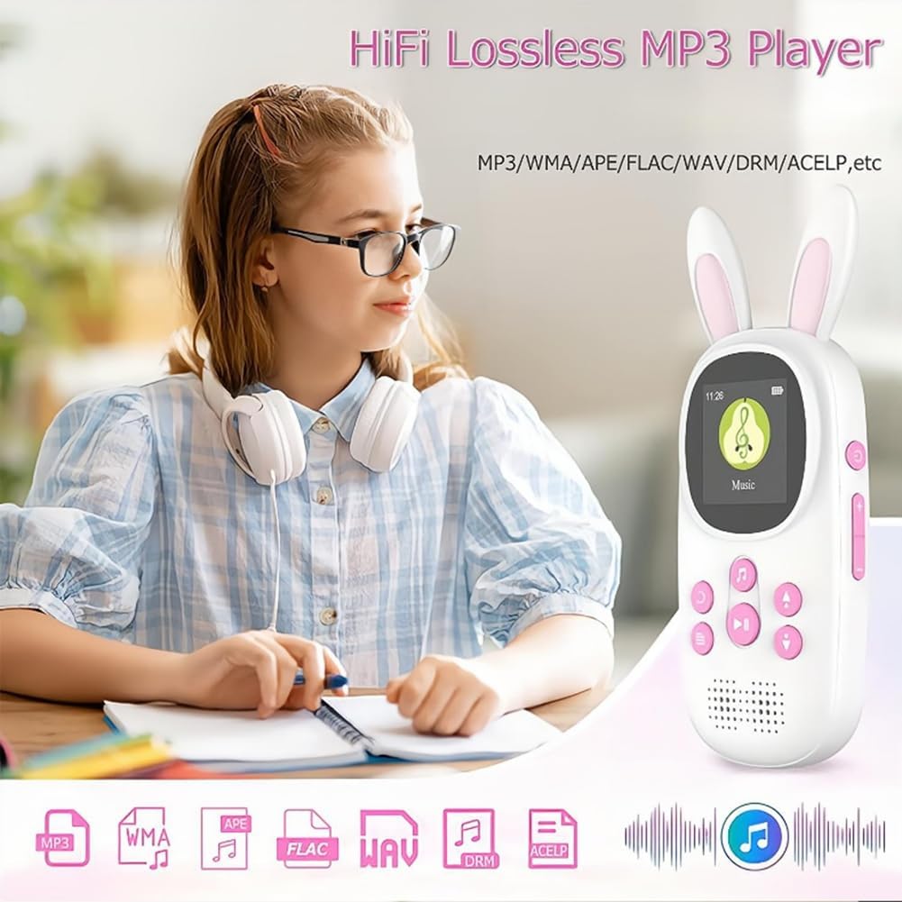 cogae 32GB Music MP3 Player for Kids, Cute Bunny Kids Music MP3 Player with BT, MP3 & MP4 Players with Speaker
