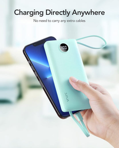 VRURC 10000mAh Power Bank Built-in Cables, Portable Charger with LED Display, Slim Intelligent Travel Battery Pack with Cords, 5 Output Dual Input Phone Charger for Cell Phone Smart Devcies-Blue