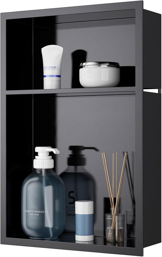 MENATT No Tile Shower Niche, Stainless Steel Wall Niche 13"X19"(Inner Size 12"X18"), Two-Tier Bathroom Shelf, NO Tile Needed Recessed Niche Shower for Bathroom Storage, Black - PuriLite