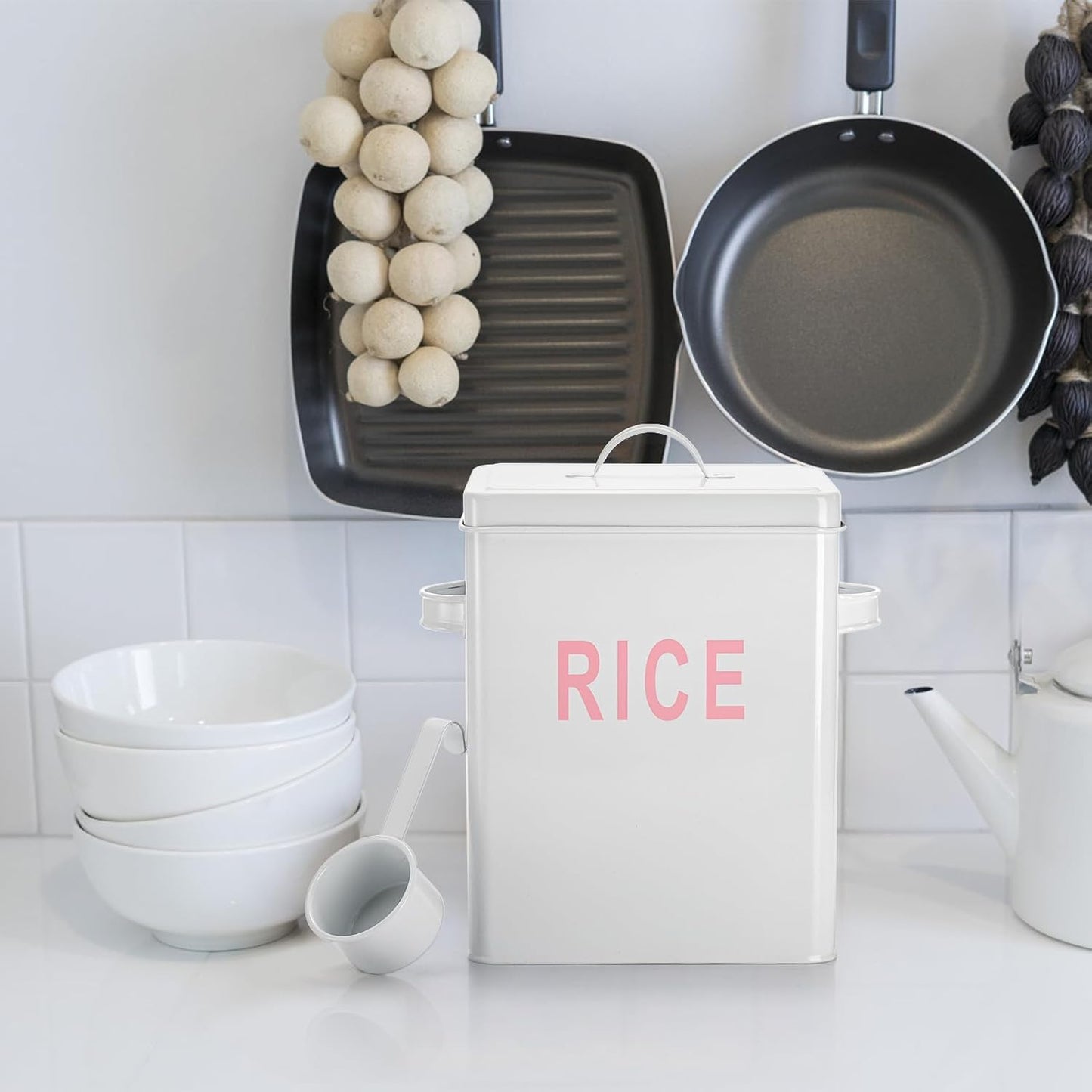 YOUEON 10 Lbs Metal Rice Storage Container, Square Rice Canister with Lid and Measuring Scoop, Countertop Sealed Food Storage Container for Cereal, Beans, Pet Food, White