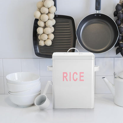 YOUEON 10 Lbs Metal Rice Storage Container, Square Rice Canister with Lid and Measuring Scoop, Countertop Sealed Food Storage Container for Cereal, Beans, Pet Food, White