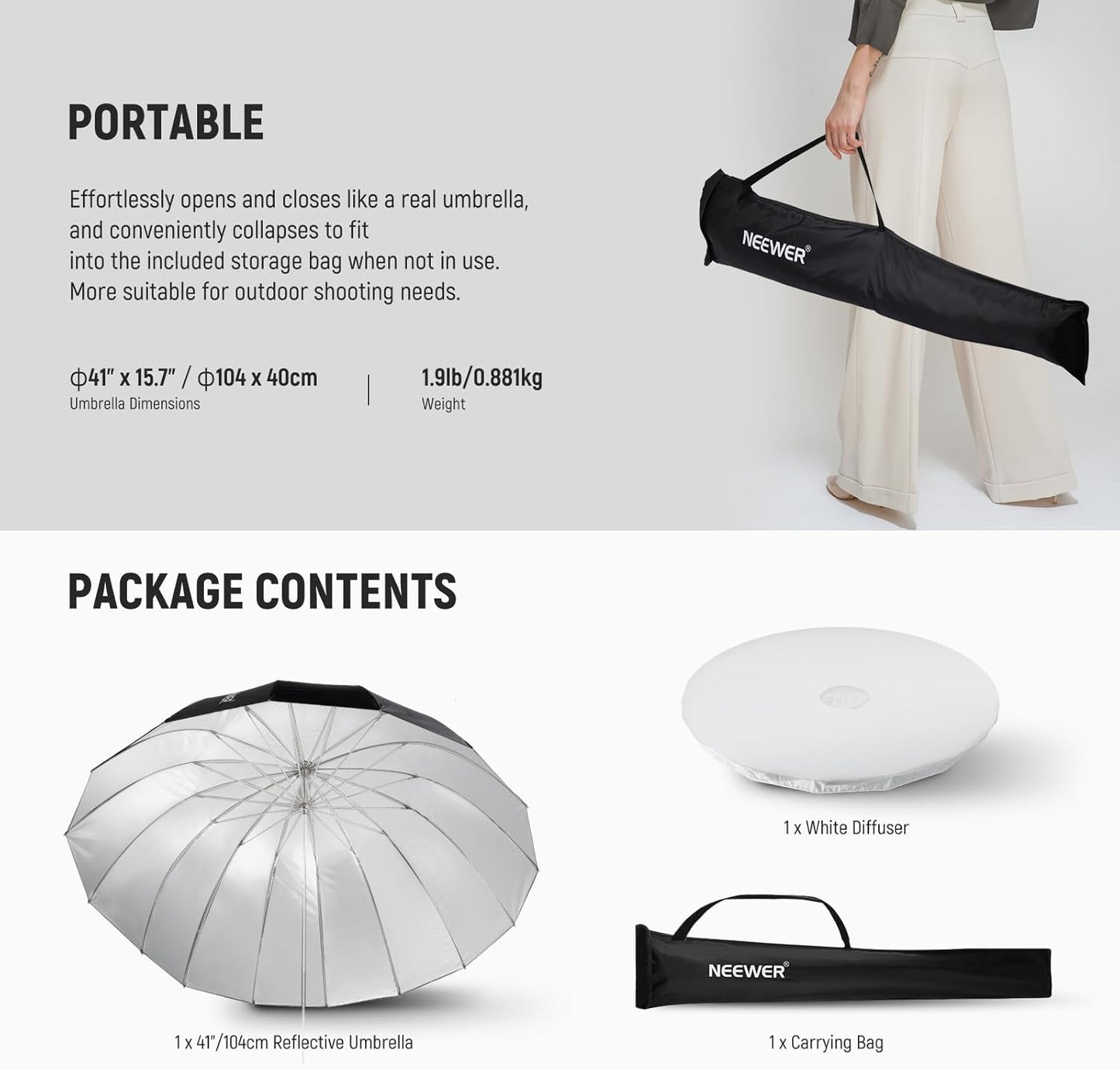 NEEWER 71"/180cm Parabolic Reflective Umbrella Photography with White Inner, Soft Lighting with Diffuser Cover, Bag, Quick Fold for Camera Photo Studio Video Light Shooting Monolight Flash, NS4U