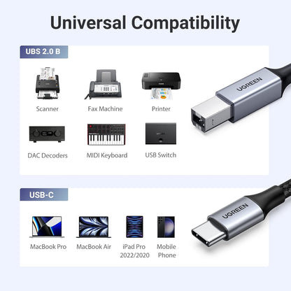 UGREEN USB C Printer Cable C to A Printer Scanner Braided MIDI Cable Compatible with DJ Controller, MIDI Keyboard, Digital Mixing Console, Piano Keyboard for MacBook Pro, iPad, 6ft