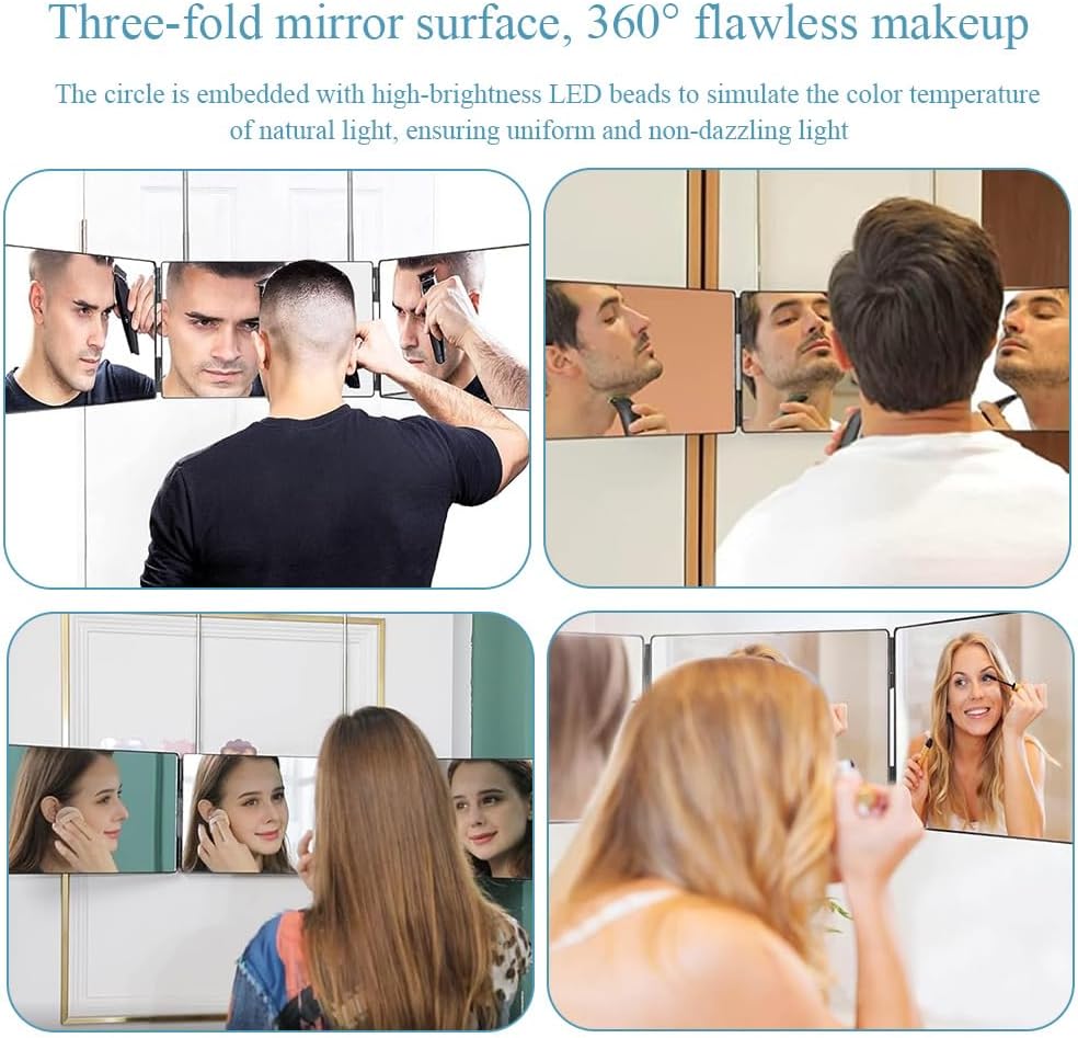 Retractable 3-Sided Makeup Mirror, 360° Vanity Mirror Foldable for Bathroom, Bedroom and Dorm, Hanging & Standing Dual-Use Travel Mirror (Black Frame)