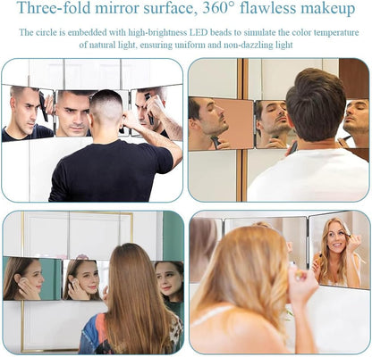Retractable 3-Sided Makeup Mirror, 360° Vanity Mirror Foldable for Bathroom, Bedroom and Dorm, Hanging & Standing Dual-Use Travel Mirror (Black Frame)
