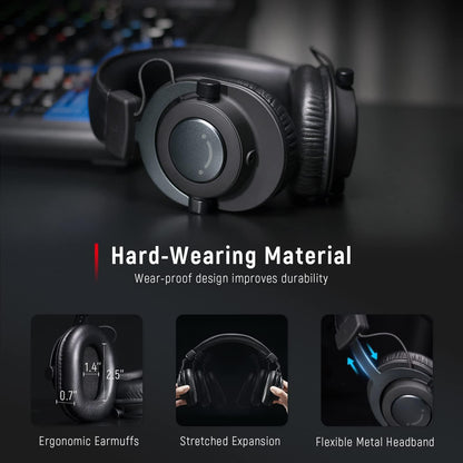 Fifine Studio Recording Monitor Over-Ear Headphones, Wired Black Headphones with Passive Noise-Canceling for Gaming Podcasting Music, Compatible for PC/Phones/Mixer, 3.5mm and 6.35mm Audio Jack-H8