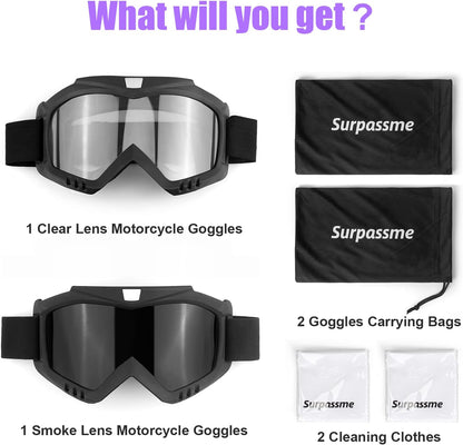 surpassme 2 Dirt Bike Goggles, UV Protection Motocross/MX Goggles Compatible Helmet, Motorcycle Ridding Goggles Fit Glasses for Men/Women