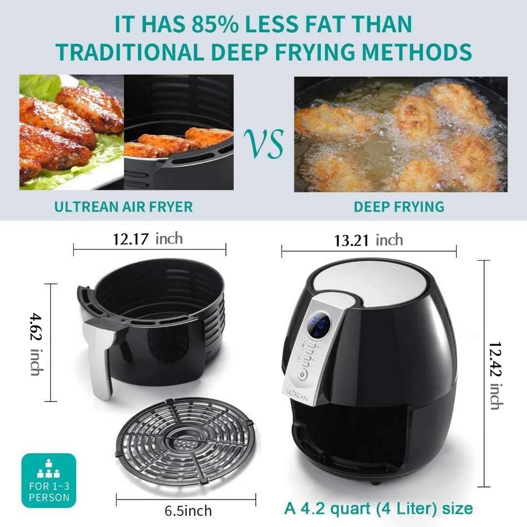Ultrean Air Fryer, 4.2 Quart (4 Liter) Electric Hot Air Fryers Oven Oilless Cooker with LCD Digital Screen and Nonstick Frying Pot, UL Certified,1-Year Warranty,1500W (Black)