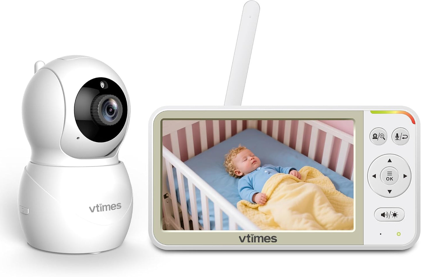 VTimes No WiFi Baby Monitor Camera & Auido, 5" Screen with 30Hr Battery Pan-Tilt-Zoom, VOX Mode, Two-Way Audio, Night Vision, 1000ft Long Range，Temperature Alert, Lullabies,French & English
