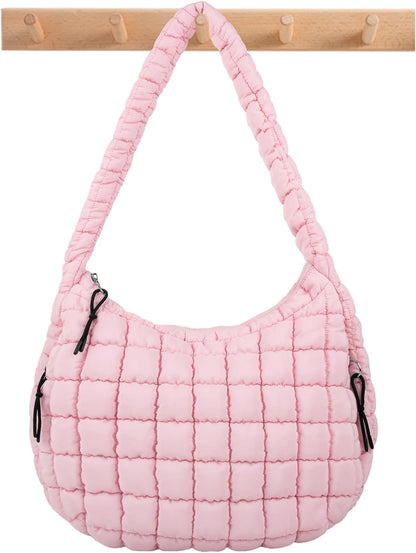 Quilted Puffer Tote Bag Large Crossbody Shoulder Bag with Zipper, Nylon Hobo Oversized Handbag
