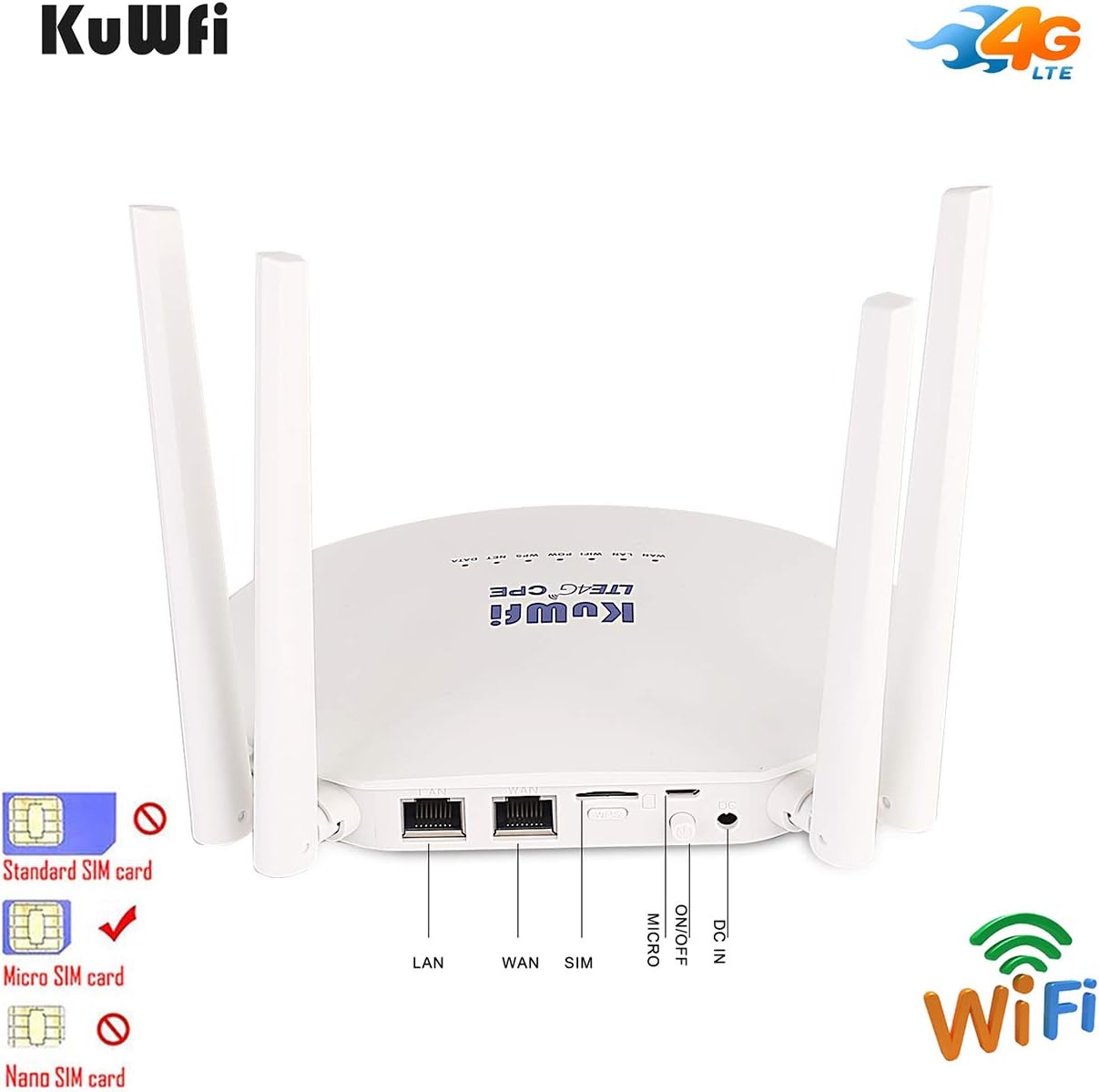 KuWFi 4G LTE Wireless WiFi Internet Router 300Mbps Unlocked with SIM Card Slot 4pcs Non-Detachable Antennas Cat4 150Mbps Mobile WiFi Hotspot for Bell/Fido/Freedom/Koodo/Public/Rogers/Virgin Mobile
