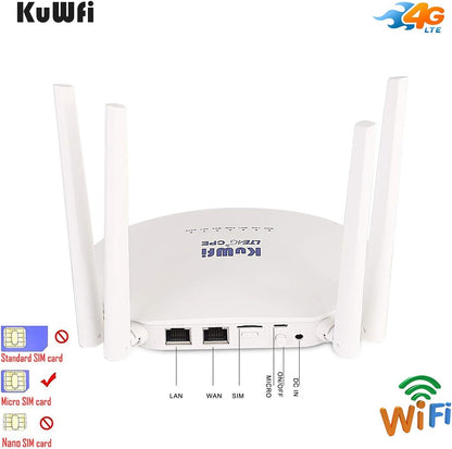 KuWFi 4G LTE Wireless WiFi Internet Router 300Mbps Unlocked with SIM Card Slot 4pcs Non-Detachable Antennas Cat4 150Mbps Mobile WiFi Hotspot for Bell/Fido/Freedom/Koodo/Public/Rogers/Virgin Mobile