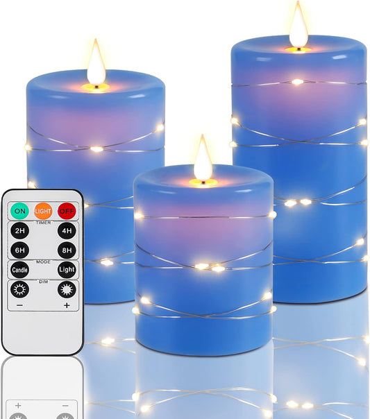 Upinmz Blue Flickering Flameless Candles with Embedded String Lights, Battery Operated Candles with Remote Control and Timer,Flameless LED Candles for Home Decoration,Real Wax, Set of 3