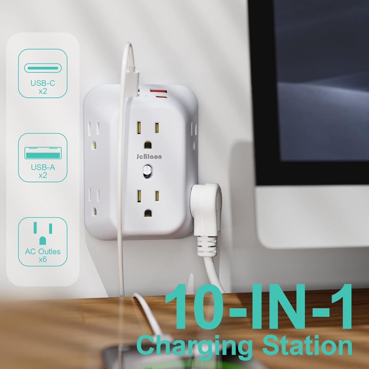 Multi Plug Socket Surge Protector | 10-in-1 Wall Outlet Extender | 6 AC Outlets | 2 USB-A & 2 USB-C Ports | 4-Pack