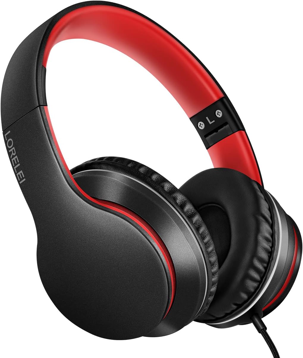 LORELEI X6 Over-Ear Wired Stereo Bass Headphones with Microphone, Lightweight, Foldable & Portable with 1.45M No-Tangle for Smartphone, Tablet, MP3/4, Space Black