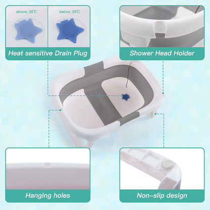 Baby BathTub, 4-in-1 Newborn to Toddler Tub with Temperature Sensor,Infant Waterproof Ear Cap and Soft Cushion included,Pink