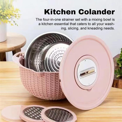 4 in 1 Colander with Bowl Set, Double Layer Fruit Cleaner, Salad Spinner, Rotatable Strainers, for Draining Cooked Pasta, Noodles,Vegetables, Fruits and Rice (Beige)
