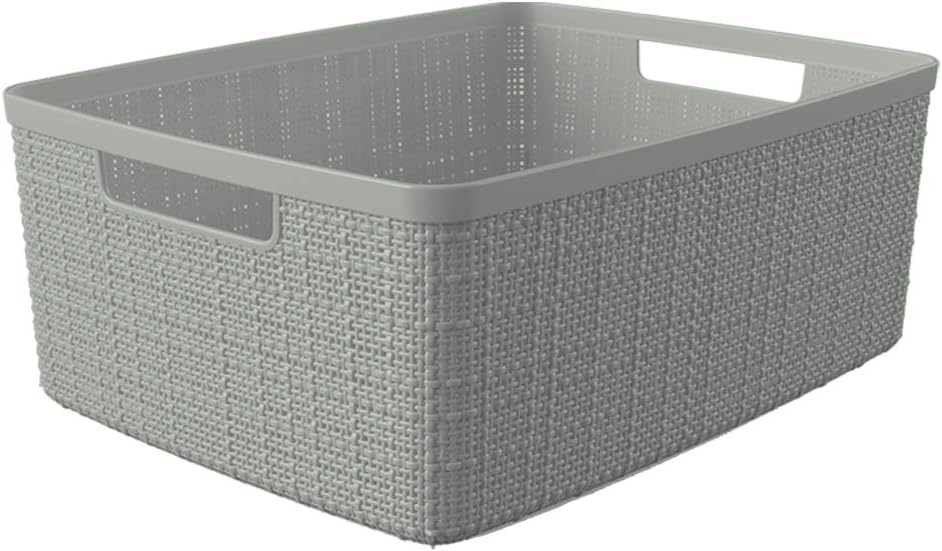 Decorative Jute-Look Plastic Storage Baskets Set of 6 – Rectangular Resin Organizer Bins with Handles for Home Office, Closet, Kitchen Pantry, Bedroom, and Laundry - PuriLite