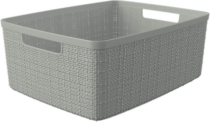 Decorative Jute-Look Plastic Storage Baskets Set of 6 – Rectangular Resin Organizer Bins with Handles for Home Office, Closet, Kitchen Pantry, Bedroom, and Laundry - PuriLite