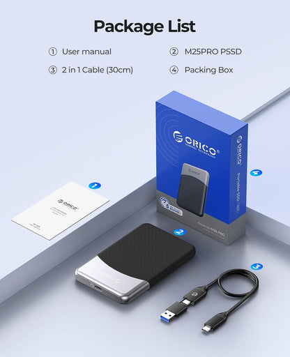 ORICO 1TB External SSD with 2 in 1 USB C Cable, Portable Solid State Drive USB 3.2 Gen 1 Up to 460MB/s, Dust and Drop Resistance, Reliable Storage for USB-C Smartphone, PC, Tablet, Labtop - M25PRO