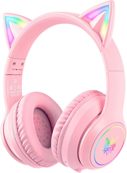 Bluetooth Cat Ear Headphones for Kids & Adults, Wireless Wired Dual Channel, SIMGAL Foldable Over-ear Headsets with RGB Lights, Control Volume & Built-in Mic, For Cell Phones/PC/Tablet/Laptop (A Pink)