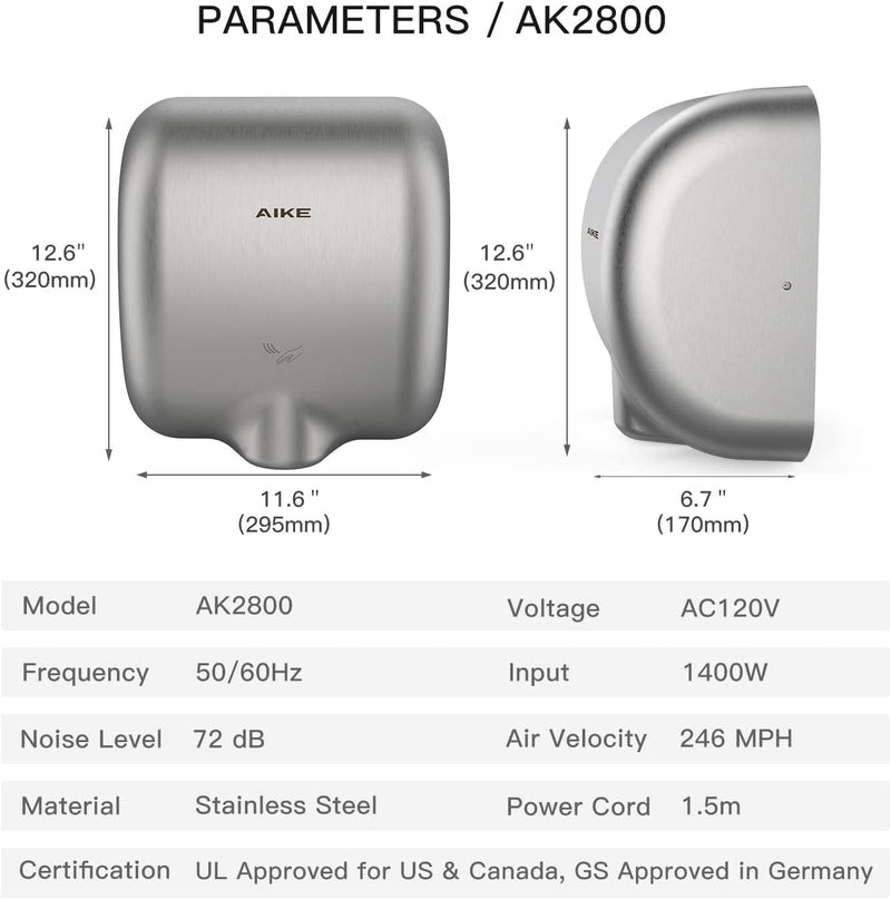 AIKE Surface Mounted High Speed Commercial Hand Dryer CUL Approved 120V 1500W, Brushed Stainless Steel Finish Model AK2800B