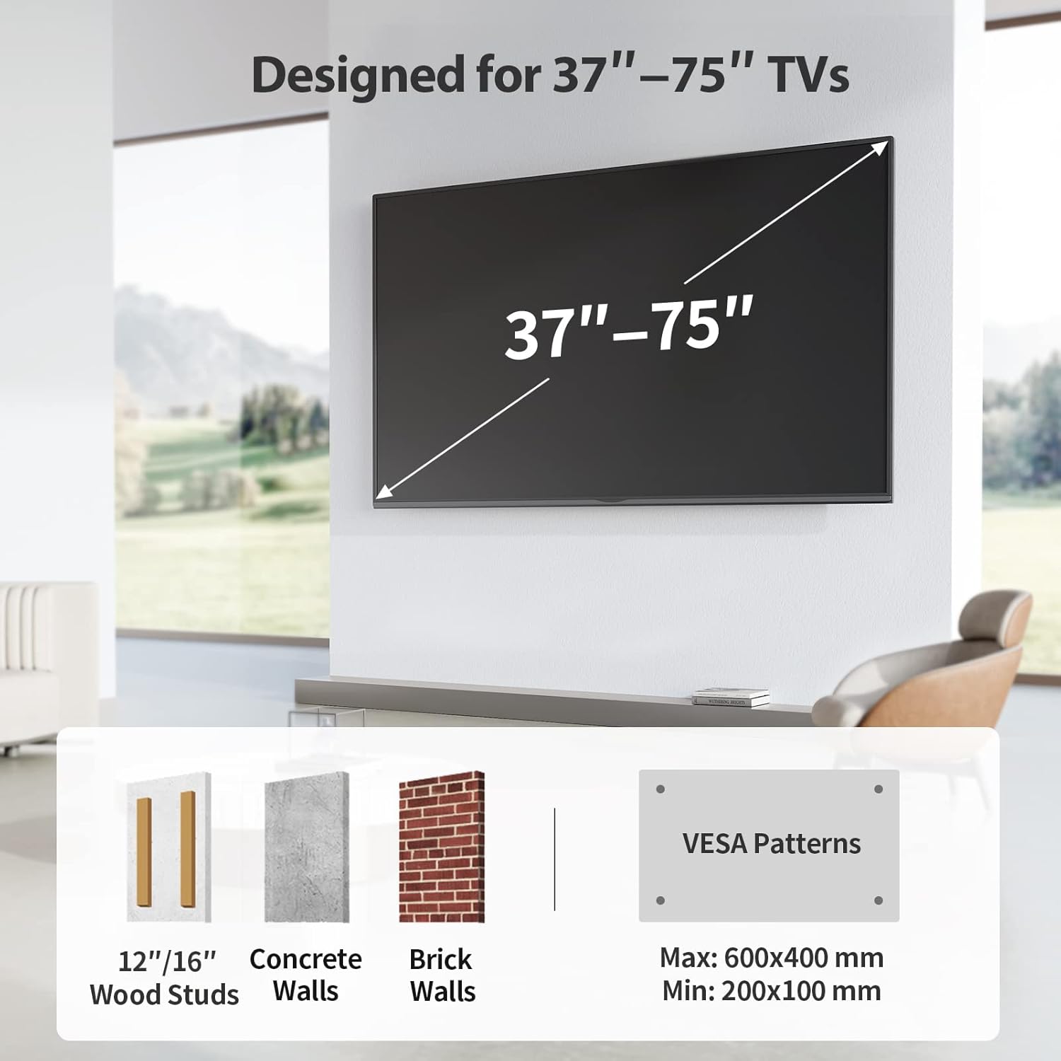 Pipishell Full Motion TV Wall Mount for Most 37-75 inch TVs up to 100 lbs, Wall Mount Bracket with Dual Articulating Arms, Swivel, Tilt, Max VESA 600x400mm, TV Mount Fits 12”/16” Wood Studs, PILF6 - PuriLite