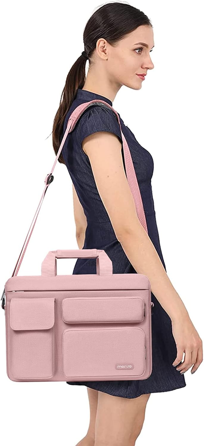 MOSISO Laptop Bag 16 inch, 15-15.6 inch Computer Shoulder Bag Compatible with MacBook Air 15 M4 M3 M2/Pro 16 M4 M3 M2 M1, Notebook &2 Raised&1 Flapover&1 Horizontal Pocket&Handle&Belt, Pink - PuriLite