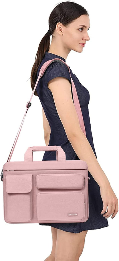 MOSISO Laptop Bag 16 inch, 15-15.6 inch Computer Shoulder Bag Compatible with MacBook Air 15 M4 M3 M2/Pro 16 M4 M3 M2 M1, Notebook &2 Raised&1 Flapover&1 Horizontal Pocket&Handle&Belt, Pink - PuriLite
