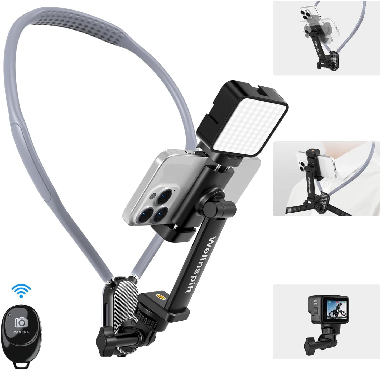 Upgraded Neck Phone Holder with Anti-Shake Strap & Fill Light - 65cm Adjustable POV/Vlog Phone Mount w/Bluetooth Remote for Hands-Free Recording – Compatible with iPhone, Samsung