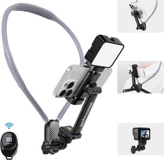 Upgraded Neck Phone Holder with Anti-Shake Strap & Fill Light - 65cm Adjustable POV/Vlog Phone Mount w/Bluetooth Remote for Hands-Free Recording – Compatible with iPhone, Samsung