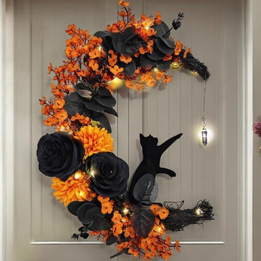 Moon Wreath,Halloween Wreaths for Front Door,Black Cat Crescent Moon Wreath with Lights,Halloween Decoration,Fall Door Wreath for Thanksgiving Autumn Indoor Outdoor Decor (Yellow)