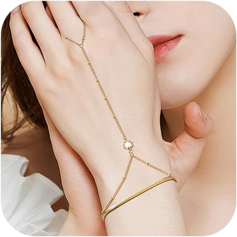 Hand Chain Ring Bracelet For Women, 14k Gold Plated Dainty Cubic Zirconia Minimalist Finger Ring Bracelet, Trendy Stuff Jewelry Gifts To Wife Girfriend Daughter Sister BBF, 17.5cm/7.5cm