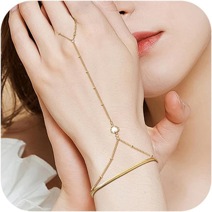 Hand Chain Ring Bracelet For Women, 14k Gold Plated Dainty Cubic Zirconia Minimalist Finger Ring Bracelet, Trendy Stuff Jewelry Gifts To Wife Girfriend Daughter Sister BBF, 17.5cm/7.5cm