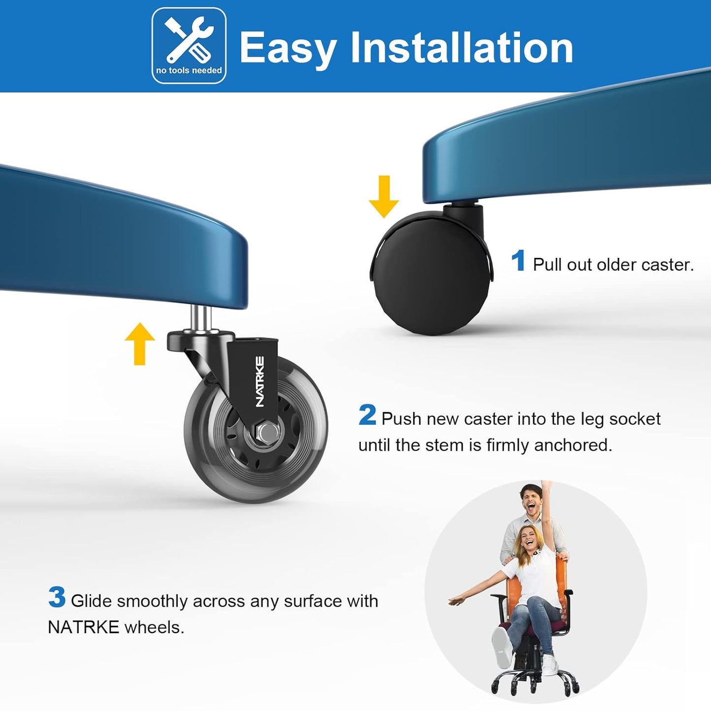NATRKE Office Chair Wheel Replacement, 11×22 Office Chair Casters, 3" Rubber Caster Wheels for Swivel Chair for All Floors Hardwood Carpet, 5 Pack (Clear)