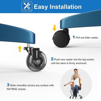 NATRKE Office Chair Wheel Replacement, 11×22 Office Chair Casters, 3" Rubber Caster Wheels for Swivel Chair for All Floors Hardwood Carpet, 5 Pack (Clear)