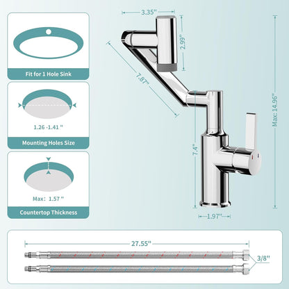 EAARSUO Single Hole Rotatable Bathroom Faucet with Temperature Display, Single Handle Modern Rotating Bathroom Sink Faucet 1 Hole, 1080 Degree Swivel Faucet with 2 Water Outlet Modes (Black)