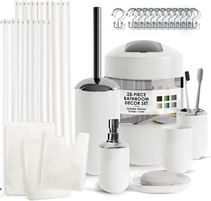 Clara Clark Bathroom Set - Gray Bathroom Accessories Set, Bathroom Sets with Shower Curtain and Rugs, 23PC Shower Curtain Set with Liner, Soap Dispenser, Soap Dish, Toilet Brush Holder, and Trash Can