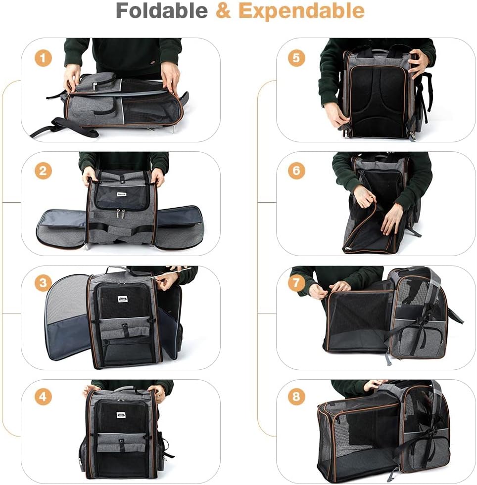 Lekespring Cat Bag, Expandable Cat Backpack Carrier for Small Dogs Medium Cats Fit Up to 18 Lbs, Dog Backpack Carrier, Foldable Pet Backpack Carrier for Travel, Hiking, Outdoor Use (Grey)