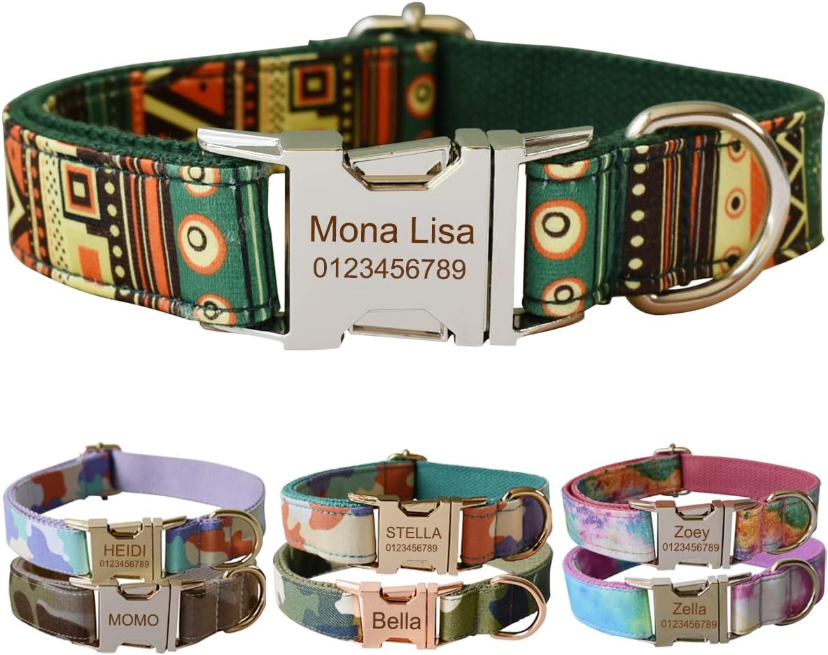 Custom Dog Collar with Metal Buckle - Pet Collars Personalized with Name and Phone Number (Plaid)