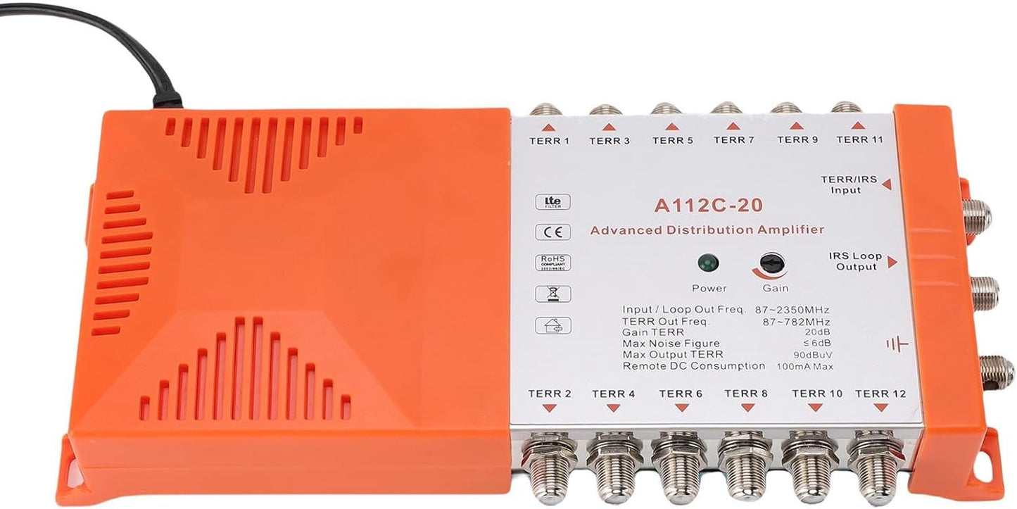 12 Channel Distribution Amplifier for TV CATV, Low Noise Figure ≤4dB, Seamless Connection to Multiple Televisions, Remote Powering, Compact Design, RED Compliant, (US Plug 110-120V)