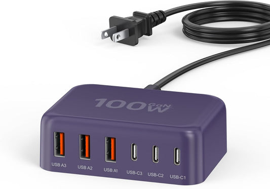 USB C Charger Block, 100W GaN 6 Port Type USB C Charging Station Hub Block Cube, USB C Wall Charger Power Strip Adapter Plug for iPad iPhone 16 15 14 13 12 Pro Max Pixel Note Galaxy, 5ft Cord