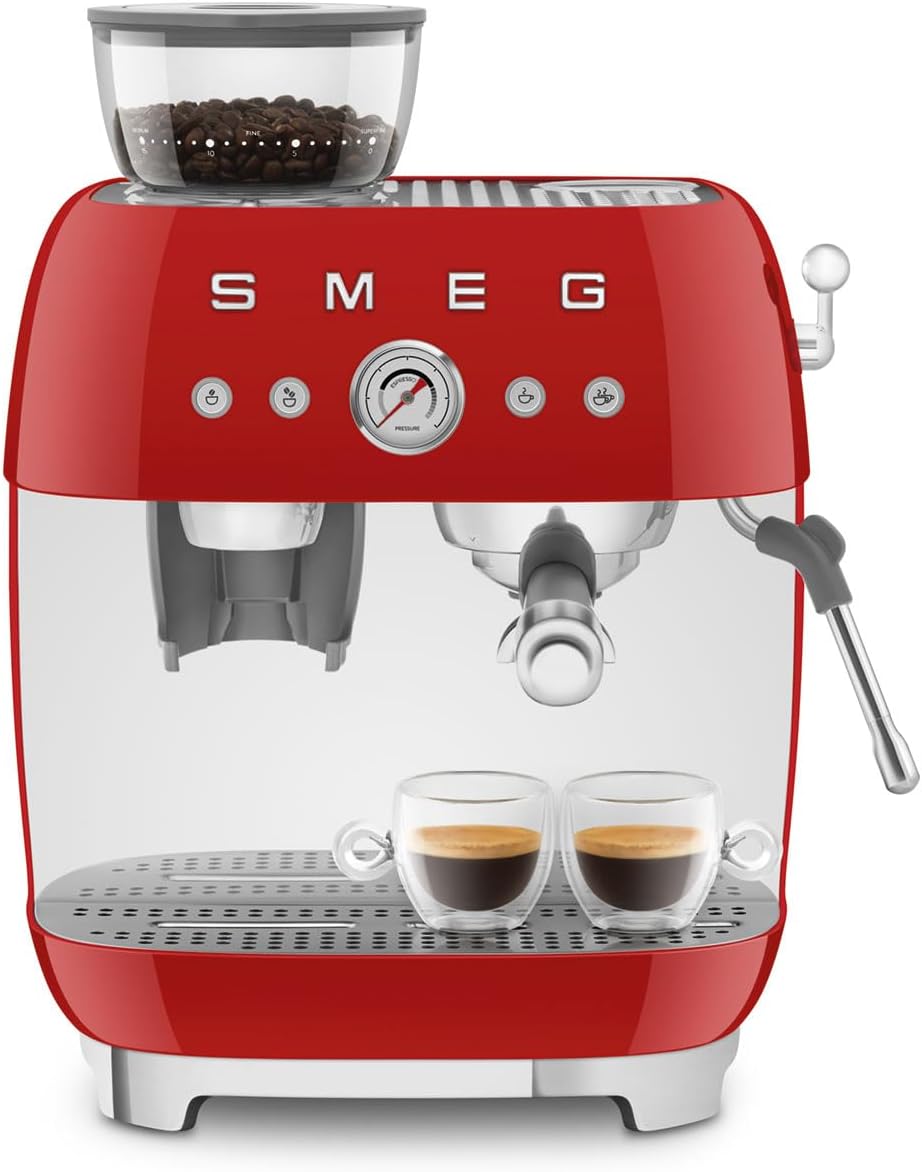 Smeg 50's Retro Style Semi-Automatic Espresso Coffee Machine with Built-in Grinder, Coffee & Latte Drinks, Double-Thermoblock Heating System, Red, EGF03RDUS