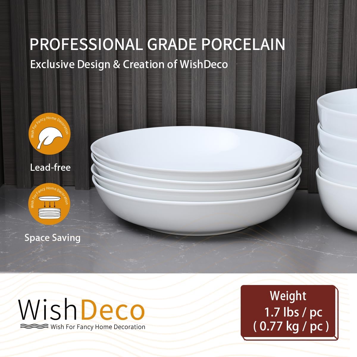 WishDeco White Pasta Bowls Set of 4, Porcelain Salad Bowls 37 oz / 1100 ml, Wide and Shallow Serving Bowl 9 Inch / 23 cm, Large Pasta Plates, Serving Dishes for Soup, Dinner, Microwave Safe